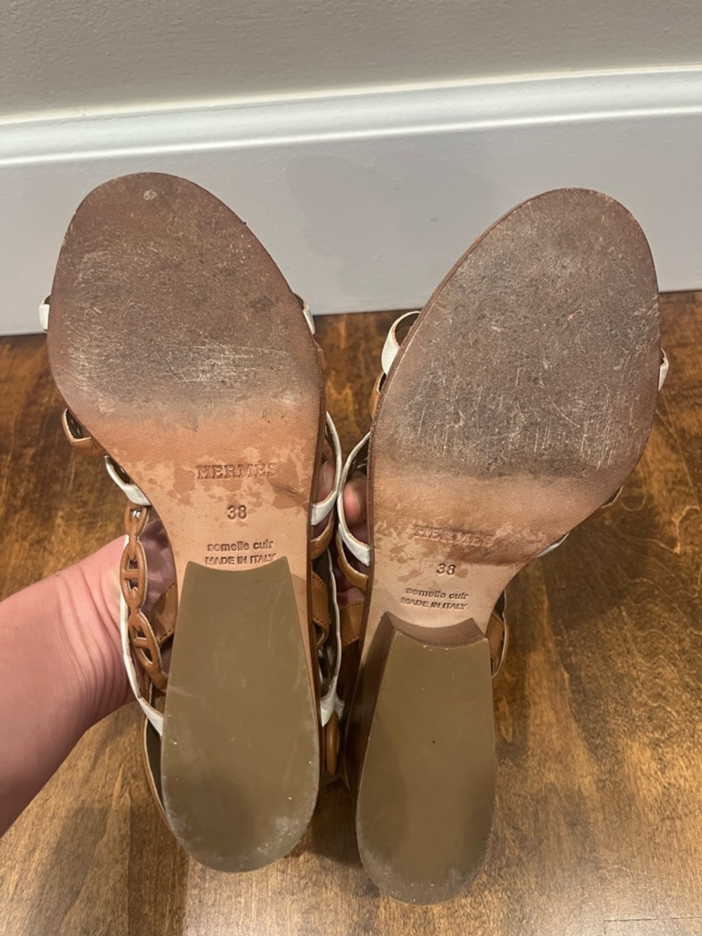 Hermes Brown/White Leather Romanza Sandals Size 8/38 - Picture 8 of 8